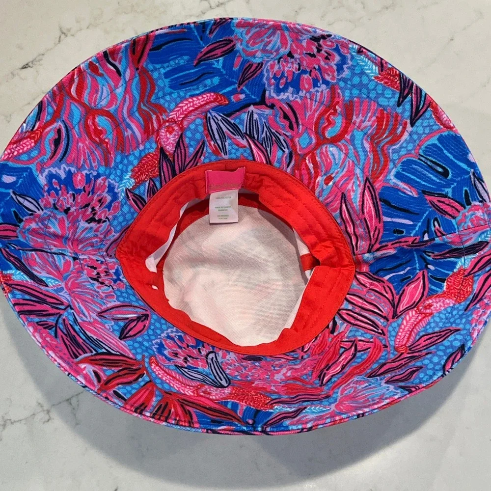 Lilly Pulitzer Bucket Hat Womens One Size Blue Pink‎ Floral Tropical Wide Brim